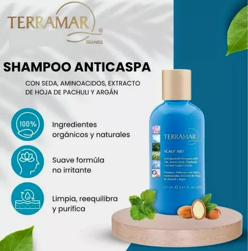 SHAMPOO ANTICASPA CON SEDA, AMINOÁCIDOS, EXTRACTO DE HOJA DE PACHULI Y ARGÁN / 180 ml