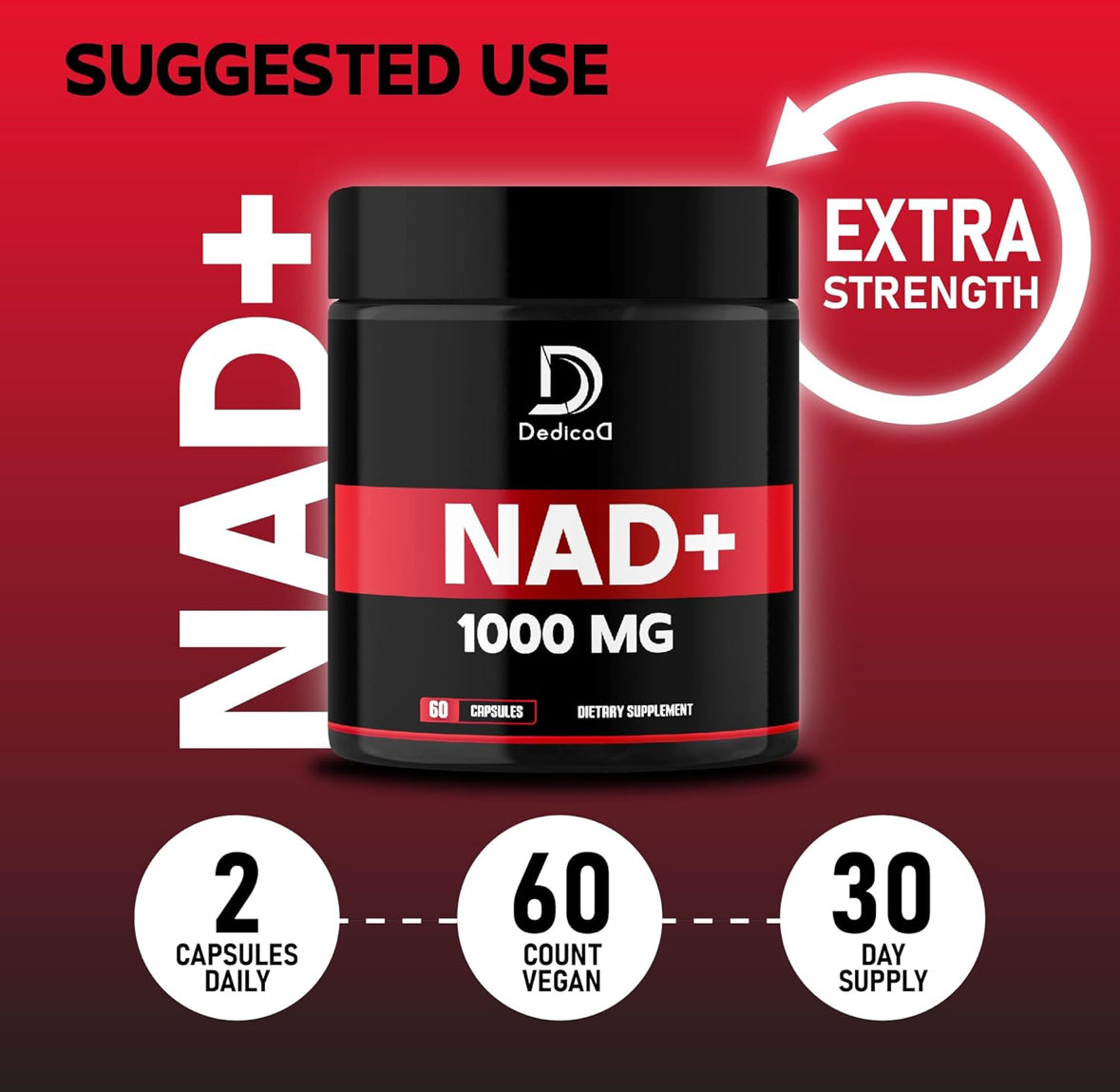 Suplemento NAD+ 1000 mg - Suplemento NAD puro - Reparación de energía y ADN, defensa del envejecimiento, función cerebral - 60 cápsulas