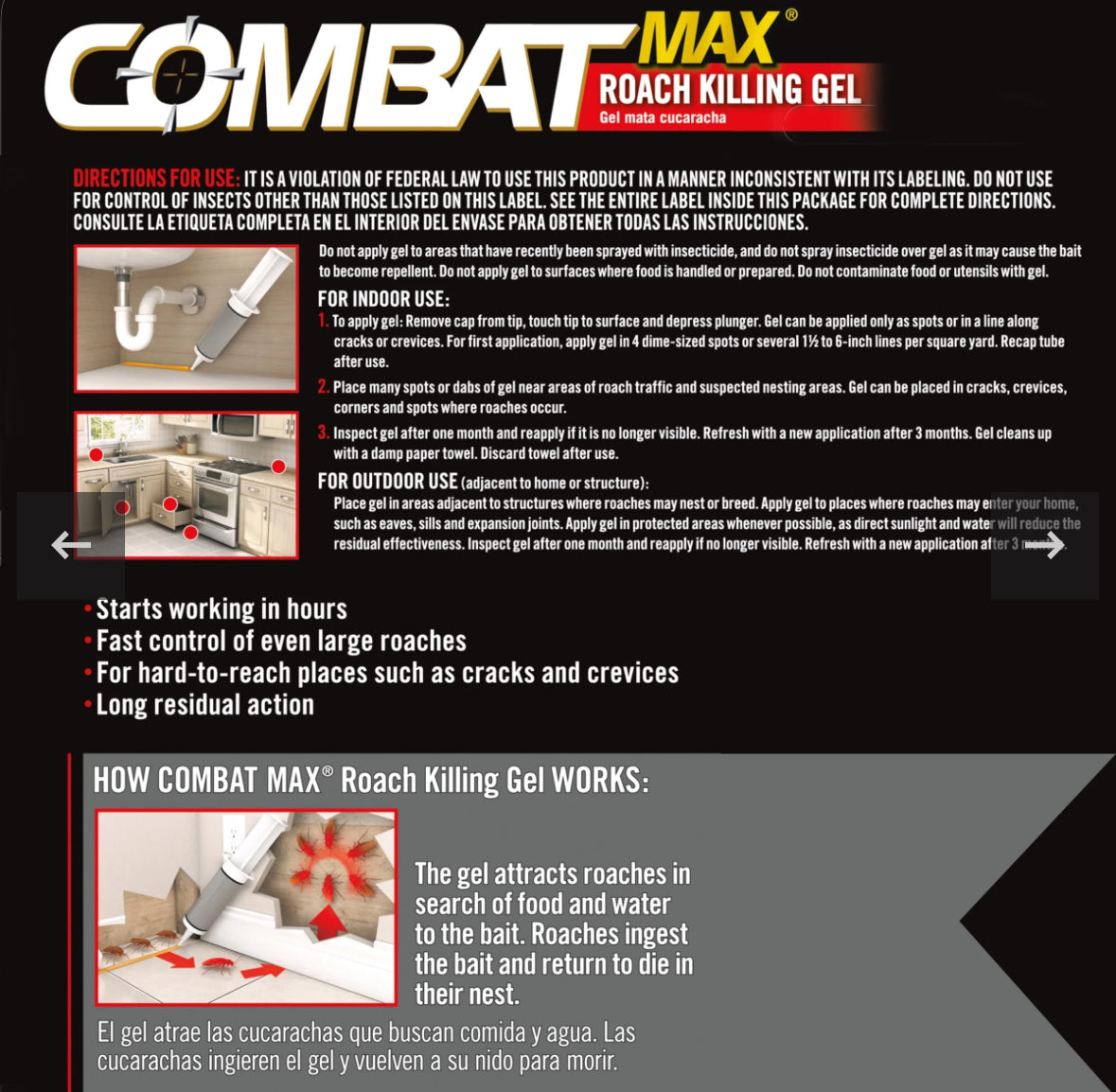 1650 Combat Max Roach Killing Gel para Uso Interior y Exterior, Jeringa de 2.1 oz