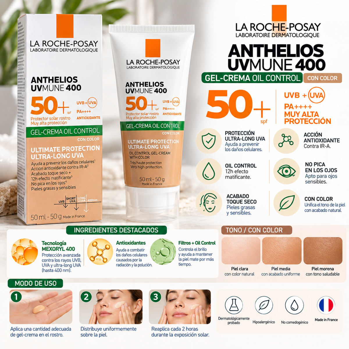 La Roche-Posay ANTHELIOS Gel crema toque seco fps50 con color 50ml