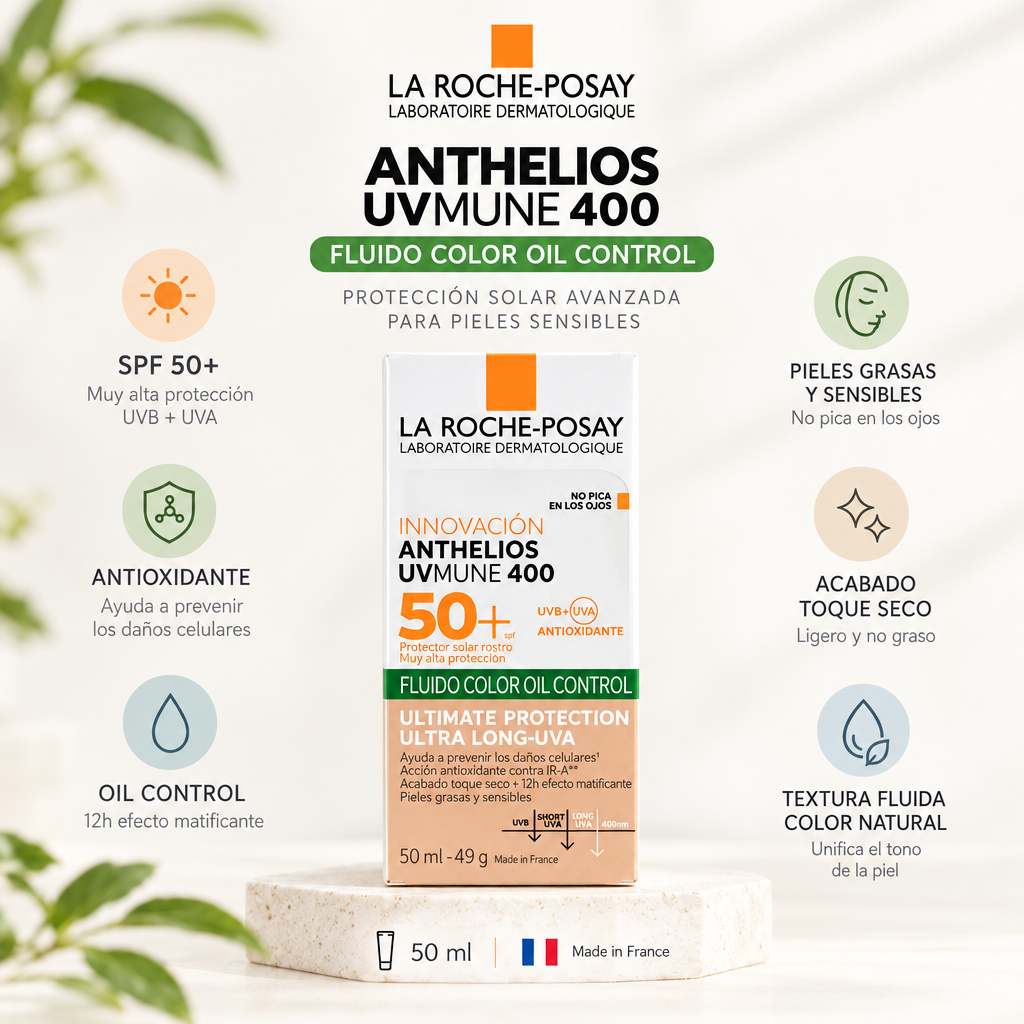 1537 LA ROCHE-POSAY ANTHELIOS Fluid oil  toque seco fps50 con color 50ml