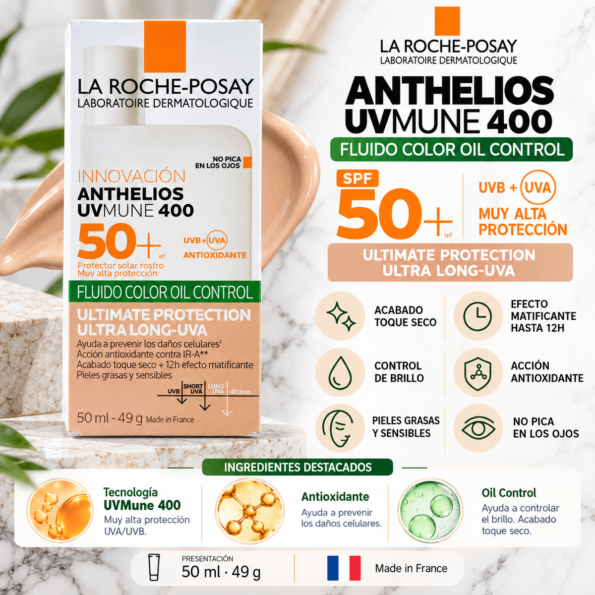 LA ROCHE-POSAY ANTHELIOS Fluid oil  toque seco fps50 con color 50ml