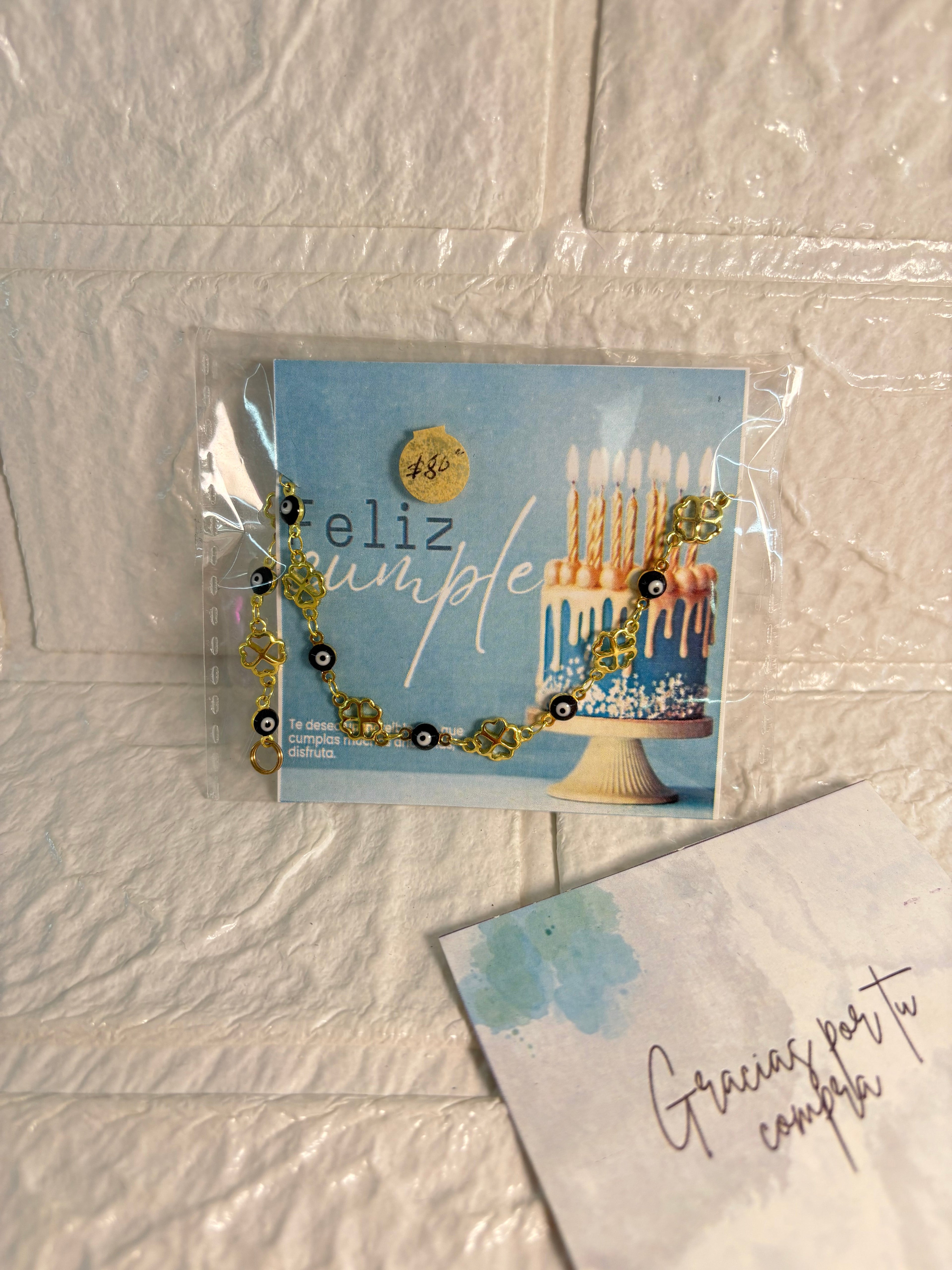 Pulsera ojo turco con trébol en oro laminado