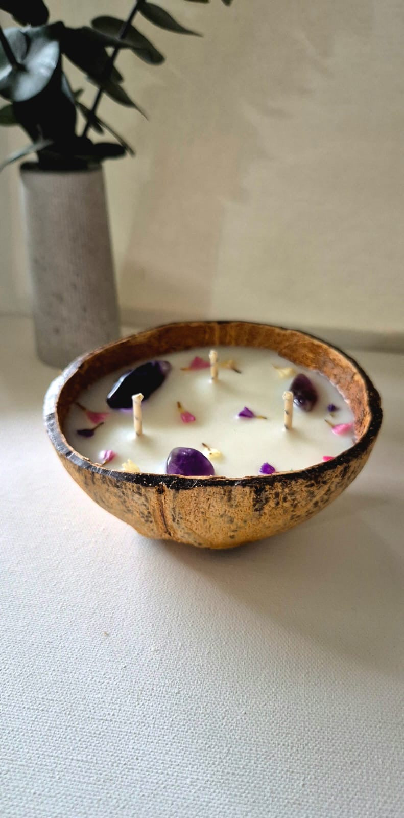 Vela aromatica en base de coco con cuarzos amatista  Aroma Kiwi-sandia con menta