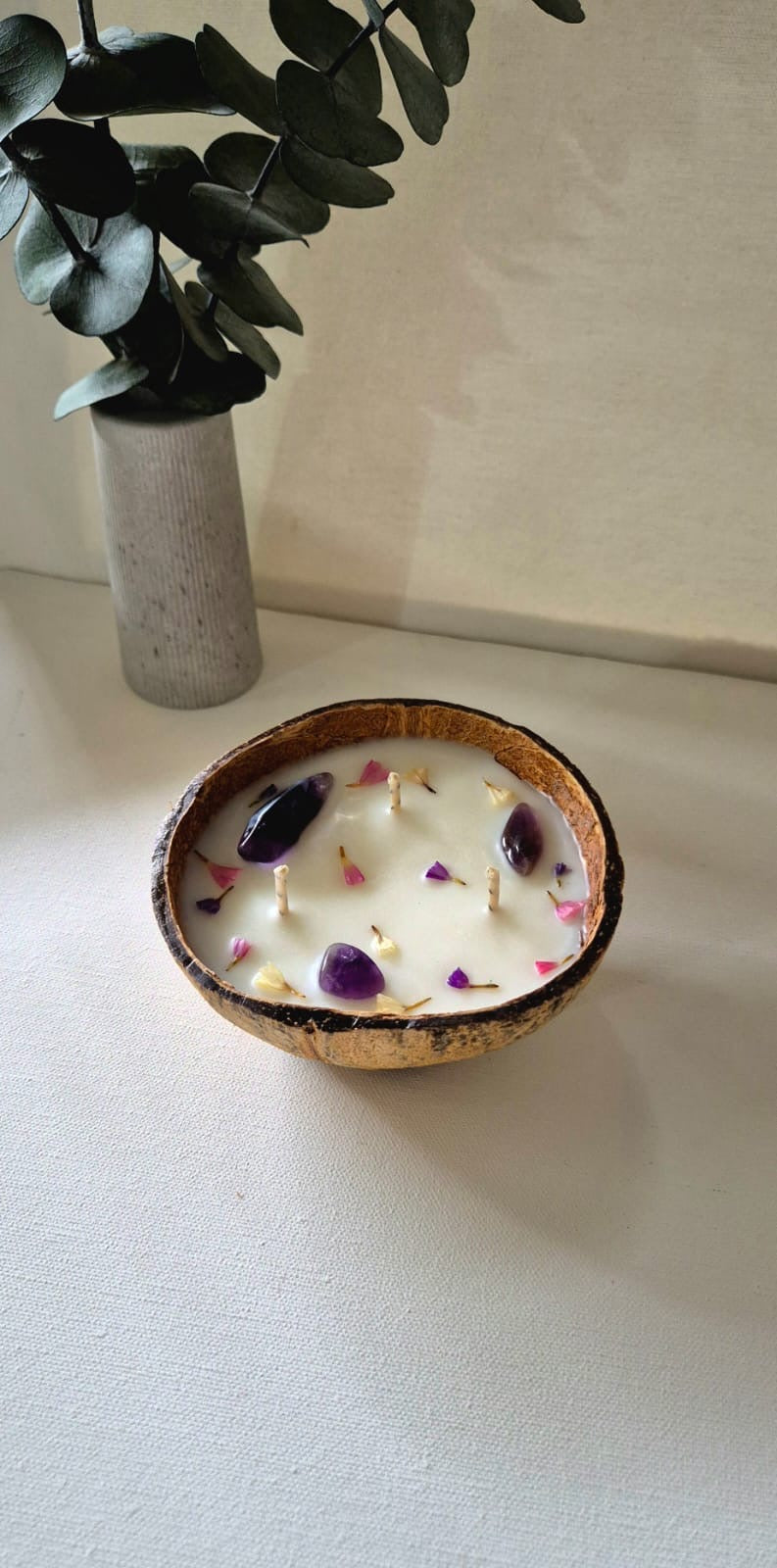 Vela aromatica en base de coco con cuarzos amatista  Aroma Kiwi-sandia con menta