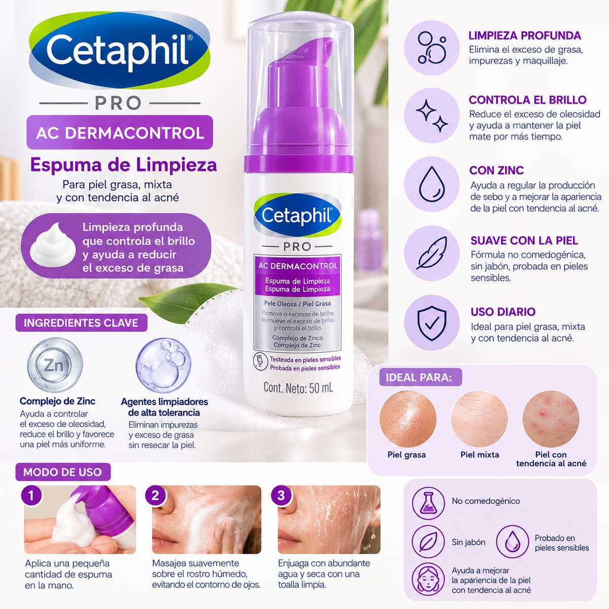 Cetaphil Espuma de limpieza facial  PRO AC DERMACONTROL 50ml