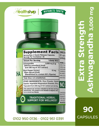 Extra Strength Ashwagandha 3,000 mg - 90 Quick Release Capsules
