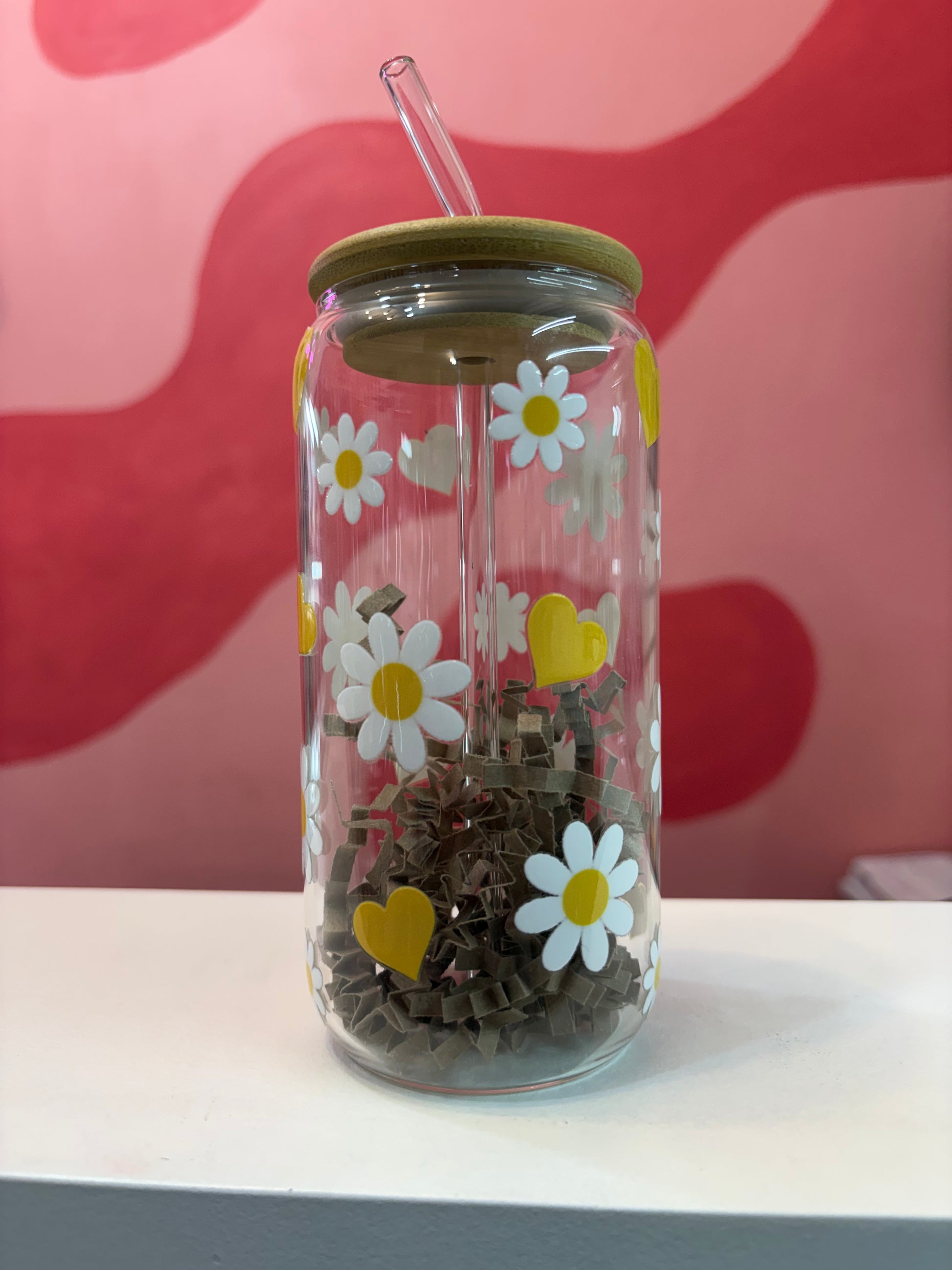 Vaso de cristal con diseño margaritas