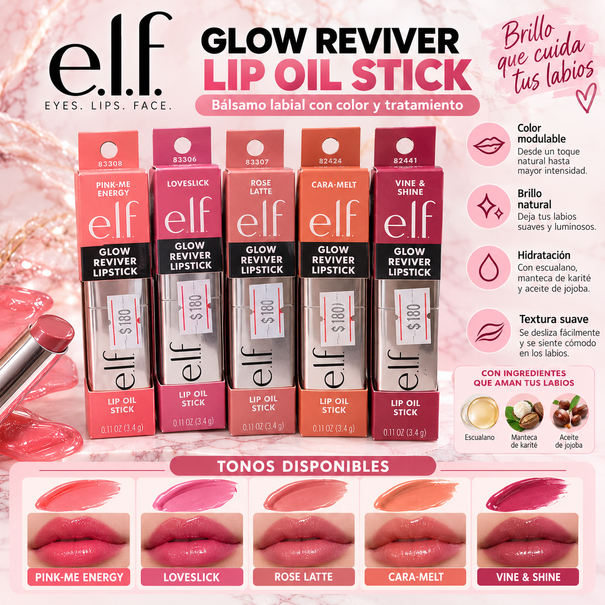 e.l.f. Glow Reviver Lip Oil Stick  Aceite labial en barra con color y brillo.