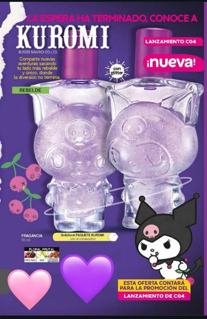 Fragancia Kuromi 💜 Aroma floral frutal 🍐🫐🍒🍓💐con glitter ✨