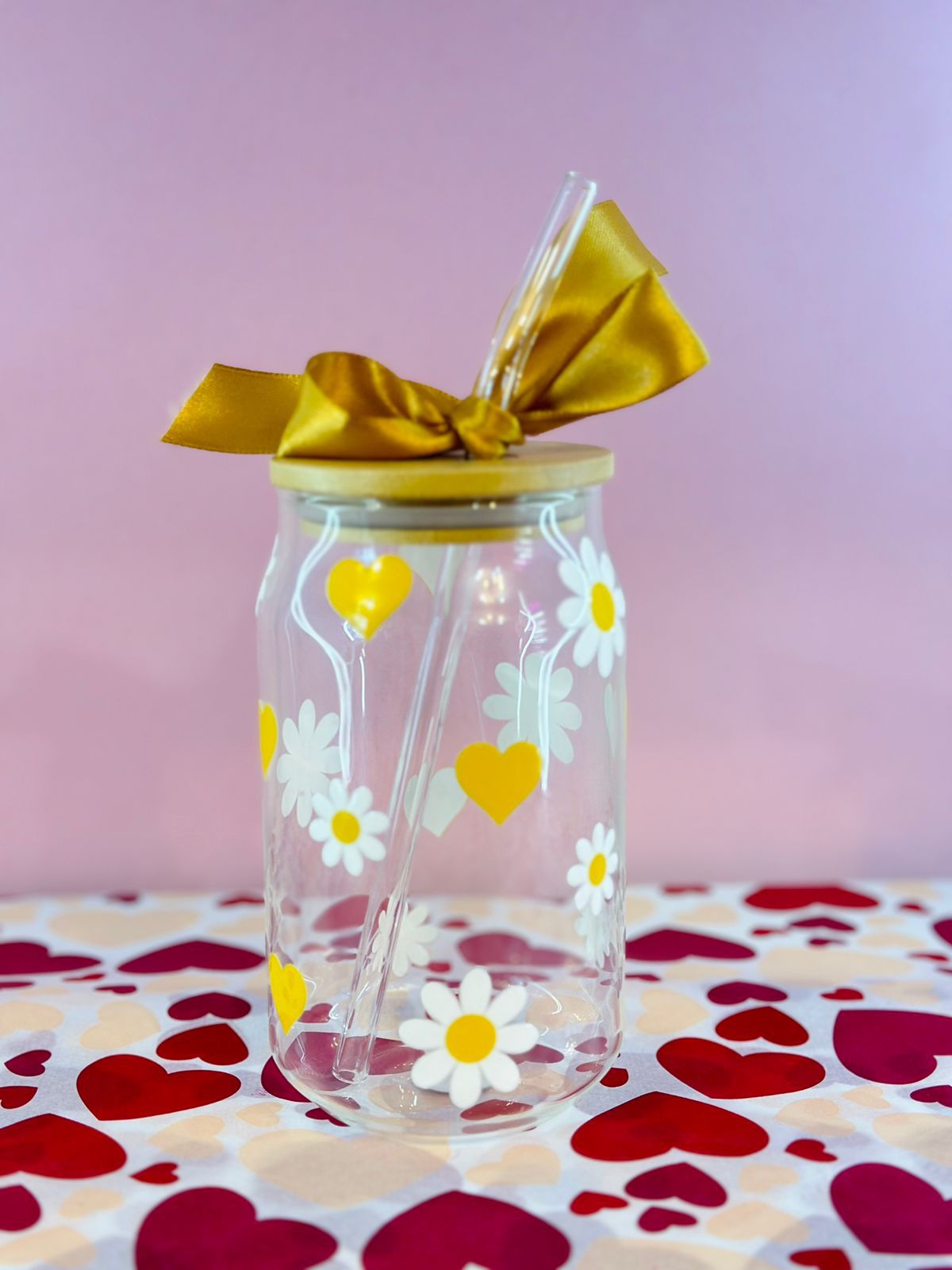 Vaso vidrio diseño de margaritas con corazones 🌼