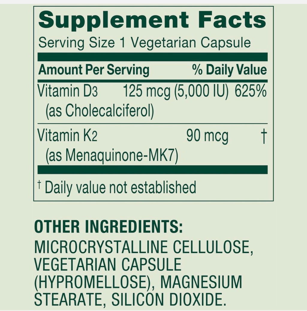 Cápsulas vegetarianas Spring Valley vitamina K2 (90 mcg) + D3 (125 mcg), 90 unidades