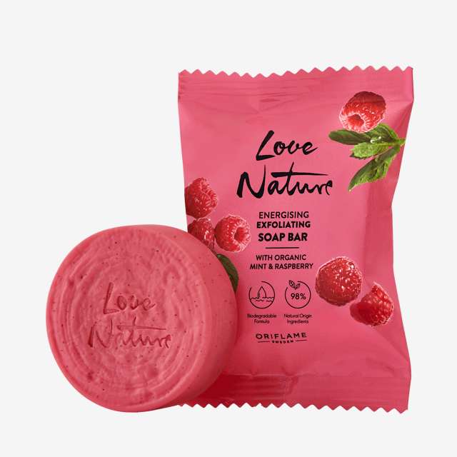 Jabón en Barra Exfoliante Energizante con Menta y Frambuesa Orgánicas Love Nature - ORIFLAME